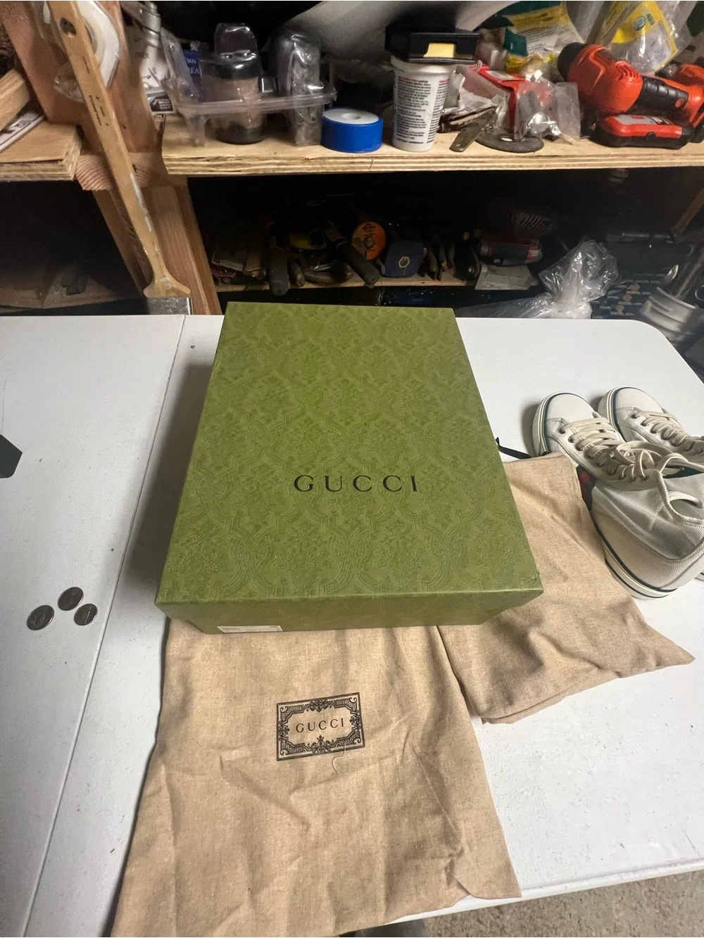Gucci Men’s Cream High-Top Sneakers with Green & Red Web Stripe